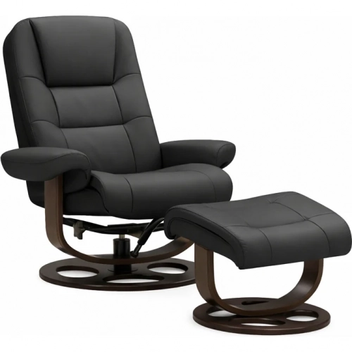 Lane Swivel Pedestal Recliner with Ottoman in Knox Onyx Black Top-Grain Leather